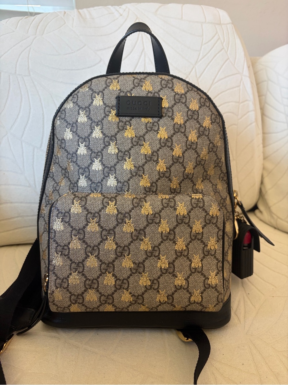 Gucci Beige Brown GG Supreme Bee Print Mini Backpack with Black Trim